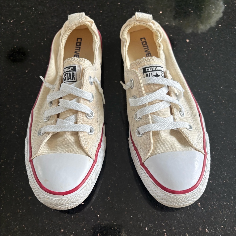 Converse Cream Canvas Low-Top Sneakers with Red Stripe